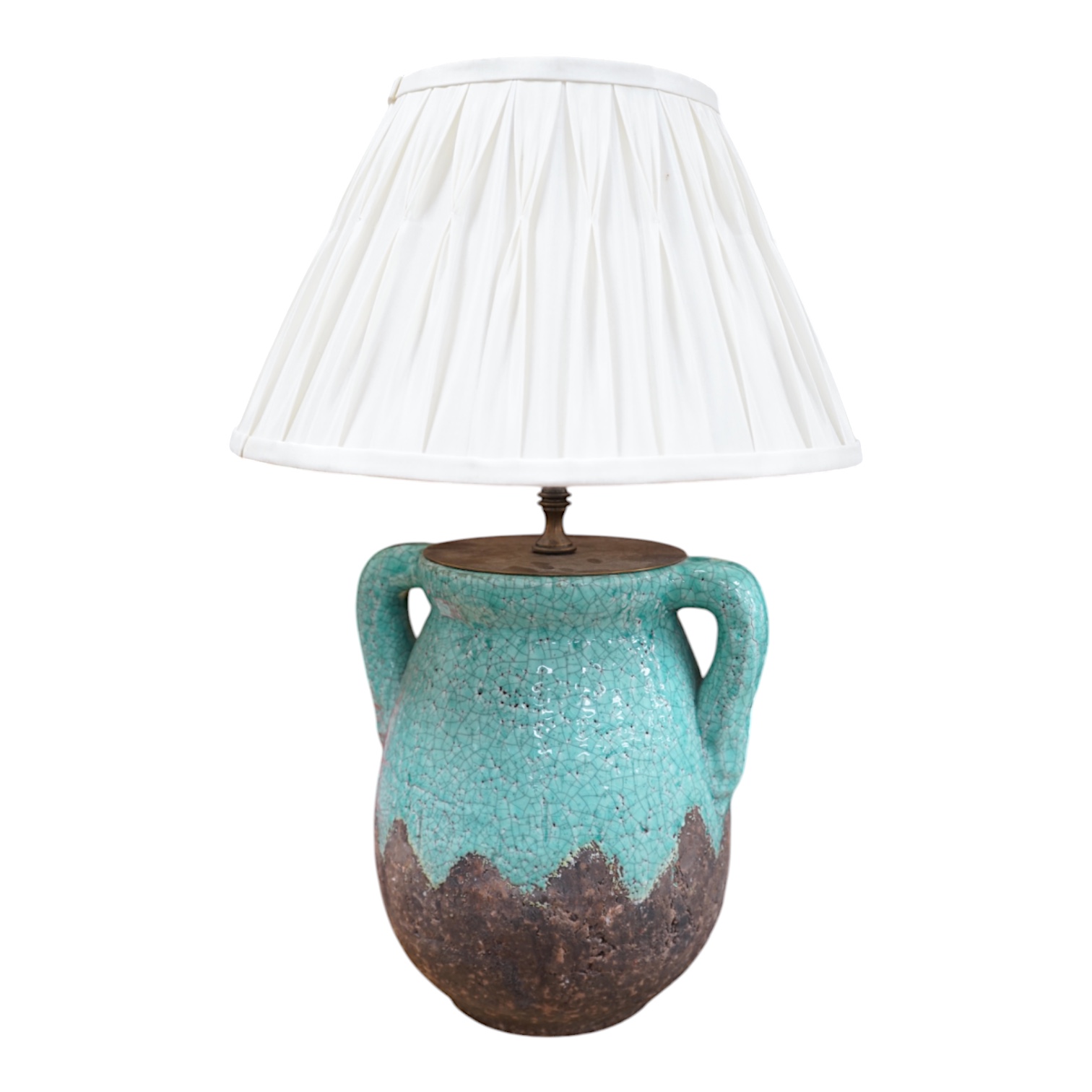 A turquoise lava ceramic table lamp with fabric shade, wired, 61cm to top of shade, 33cm high excluding the fitting and shade. Condition - good, untested